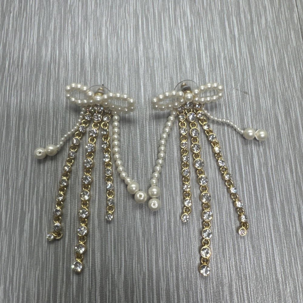 J.Crew Pearl Rhinestone Bow Ribbon Dangle Earrings Elegant Sparkle Statement